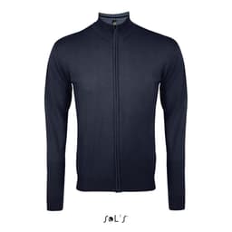 A navy zippered cardigan made from a cotton and acrylic mix, featuring a simple design and logo.