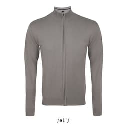 A zippered men's cardigan in a light grey cotton and acrylic mix, featuring a stand-up collar and long sleeves.