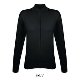 A black zippered cardigan for women, made from a cotton acrylic mix, featuring a fitted design and long sleeves.