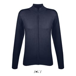 A navy zippered cardigan for women made from a cotton-acrylic mix, featuring long sleeves and a fitted design.