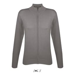 A grey zippered women's cardigan made from a cotton acrylic mix, featuring a fitted design and long sleeves.