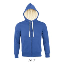 A blue unisex hoodie featuring super warm Sherpa lining, with a hood and front pockets. Includes a logo.