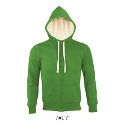 A green unisex hoodie featuring a super warm Sherpa lining, made from 80% cotton and 20% polyester, with a logo.