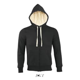 A black unisex hoodie with a super warm Sherpa lining, featuring a zippered front and a logo at the bottom.