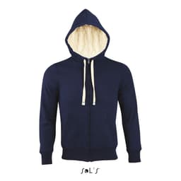 A navy blue unisex hoodie with super warm Sherpa lining, featuring a zip front, drawstring hood, and front pockets.