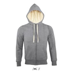 A grey unisex hoodie with a super warm Sherpa lining, featuring a zip, hood, and front pockets. It has a brand logo.