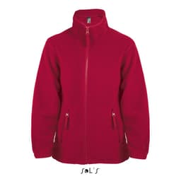 A red zip fleece jacket for kids with zippered pockets and a high collar. It features a logo on the upper front.
