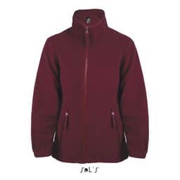 A maroon kids' zip fleece jacket with a high collar and two side pockets. It features a logo on the upper section.