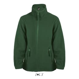 A green kids' zip fleece jacket featuring a high collar and two front pockets. It has a logo on the upper portion.