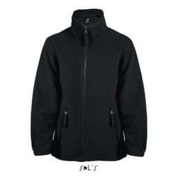 A black fleece jacket featuring a zip front, high collar, and side pockets. It also has a logo on the collar.