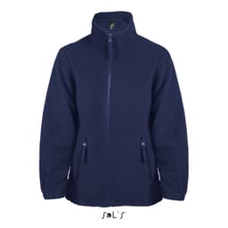 A navy blue kids' zip fleece jacket with a high collar and two front pockets. It features a logo on the inside.