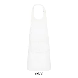 A white kids' apron with a pocket, made from a polyester and cotton mix, featuring a logo at the bottom.