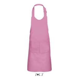 A pink kids' apron with a pocket, made from a polyester and cotton mix, featuring a logo at the bottom.