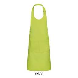A kids' size apron in bright green, featuring a front pocket and made from a polyester-cotton mix. It has a logo.