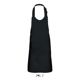 A kids' apron in black made from a polyester-cotton mix, featuring a front pocket and an adjustable neck strap.