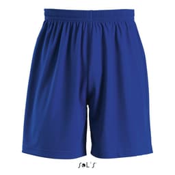 Kids' sports shorts in bright blue with an elastic waistband and a logo at the bottom.