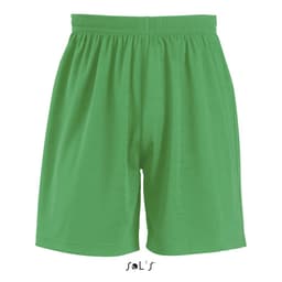 Green sports shorts for kids with an elastic waistband and loose fit, featuring a logo at the bottom.