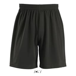 A pair of black sports shorts for kids with an elastic waistband and a logo.