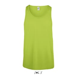A unisex singlet tank top in bright green, featuring a logo on the front.