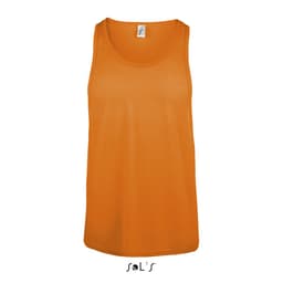 A unisex singlet tank top in vibrant orange, featuring a simple design and a brand logo.