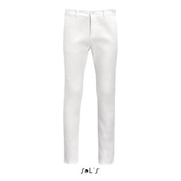 A pair of white men's chinos with a slim fit, featuring a traditional five-pocket design and a branded logo.