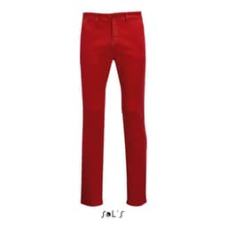 Red men's chinos with a straight leg fit, featuring a logo at the bottom.