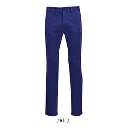 Men's chinos in a deep blue colour, featuring a straight leg design and a logo at the bottom.