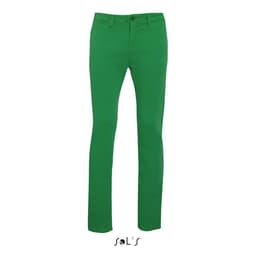 Men's chino trousers in vibrant green, featuring a slim fit and a logo at the hem.