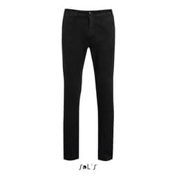 Black men's chinos featuring a slim fit design. The trousers include a logo and have a classic style.