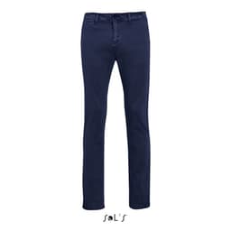 Men's chino trousers in navy blue with a fitted design and a logo near the hem.