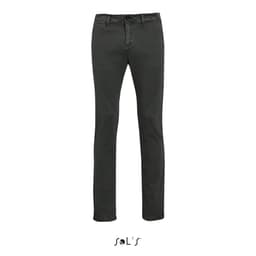 Men's chinos in dark grey with a straight leg design, featuring a logo at the bottom.