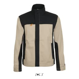 A two-colour workwear jacket in beige and black, featuring a high collar and side pockets, with a branding logo.