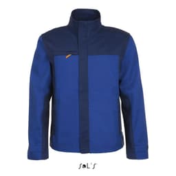 A two-colour workwear jacket featuring navy and blue fabric, with a logo on the front.