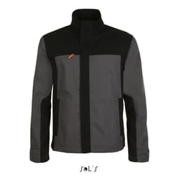 A two-colour workwear jacket in grey and black with a collar and several pockets. It features a logo on the front.