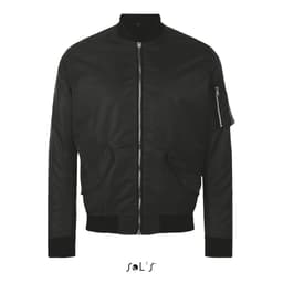 A black unisex bomber jacket with a zip front, side pockets, and a patch on the sleeve. It includes a logo.