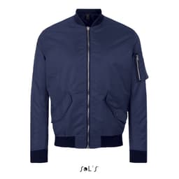 A unisex navy bomber jacket featuring a zip front, side pockets, and a sleeve pocket with a logo.