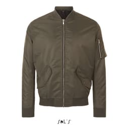 A unisex bomber jacket in olive green featuring a front zipper and side pockets. It includes a logo on the chest.