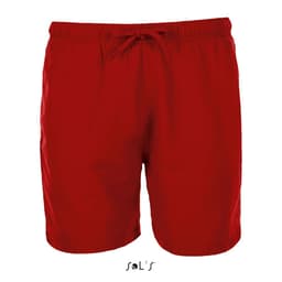 Red men's microfibre swim shorts with an elastic waistband and drawstring, featuring a logo.