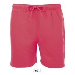 A pair of coral men's microfibre swim shorts with an elastic waistband and drawstring. Features a brand logo.