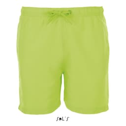 Men's microfibre swim shorts in bright lime green with an elastic waistband and drawstring. Features a logo.