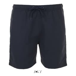 Men's microfibre swim shorts in navy blue with an elasticated waistband and drawstring. The shorts feature a branding logo.