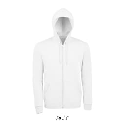 A zippered hoodie in white, made of 50% cotton and 50% polyester, featuring a front pocket and a logo.