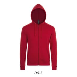 A zippered unisex hoodie in bright red, featuring a hood and a logo. Made of 50% cotton and 50% polyester.