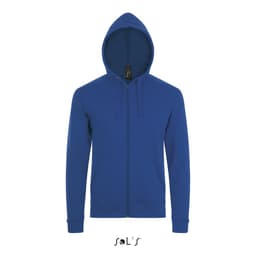 A blue unisex zippered hoodie made of 50% cotton and 50% polyester, featuring a hood. It has a logo.