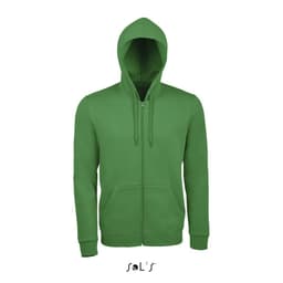 A green unisex zippered hoodie made from 50% cotton and 50% polyester. It has a hood and front pockets.