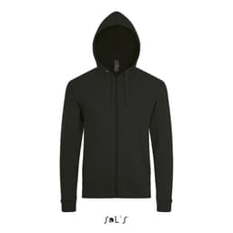 A zippered unisex hoodie in black, made from 50% cotton and 50% polyester, featuring a hood and a logo.