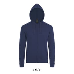 A zippered unisex hoodie in navy blue, made from 50% cotton and 50% polyester, featuring a hood and a logo.