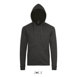 A zippered unisex hoodie in stone grey, made of 50% cotton and 50% polyester, featuring a hood and a logo.