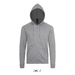 A grey zippered unisex hoodie made of 50% cotton and 50% polyester, featuring a hood and a logo.