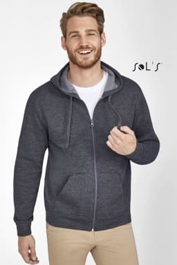 A zippered unisex hoodie in stone colour, made of 50% cotton and 50% polyester, featuring a logo.